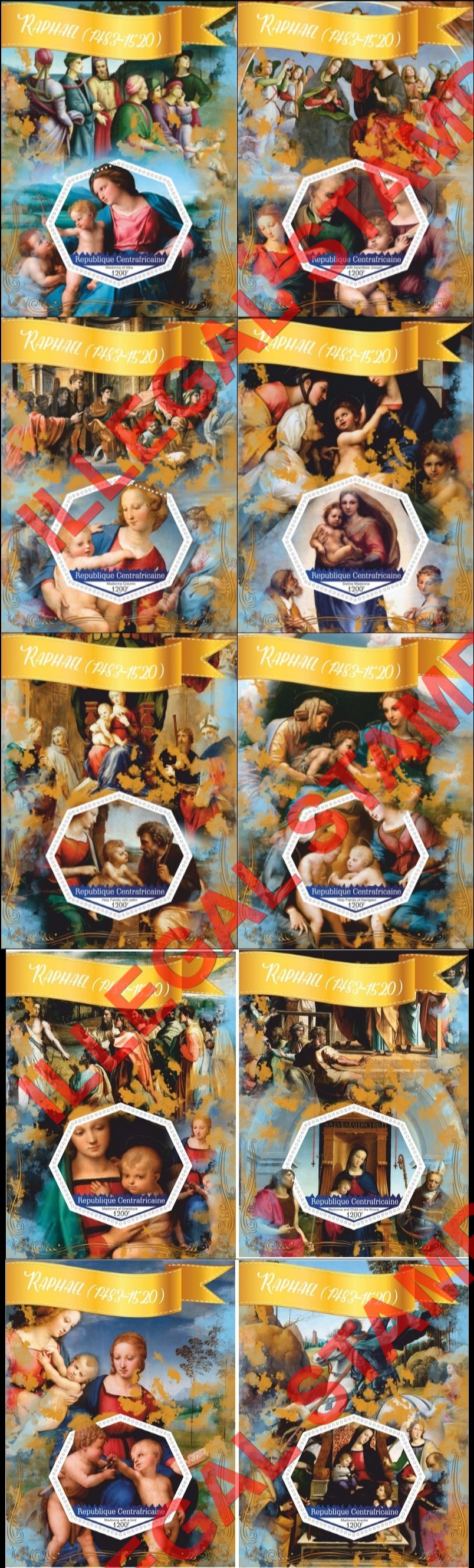 Central African Republic 2017 Paintings by Raphael Illegal Stamp Souvenir Sheets of 1 Central African Republic 2017 Paintings by Raphael Illegal Stamp Souvenir Sheets of 1