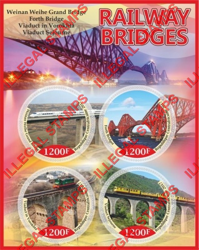 Central African Republic 2017 Railway Bridges (different) Illegal Stamp Souvenir Sheet of 4 Central African Republic 2017 Railway Bridges (different) Illegal Stamp Souvenir Sheet of 4