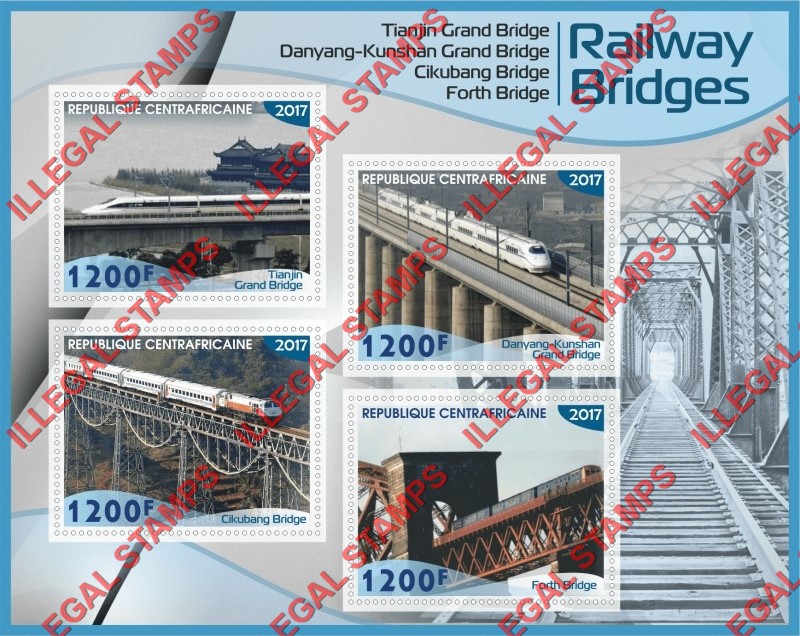 Central African Republic 2017 Railway Bridges Illegal Stamp Souvenir Sheet of 4 Central African Republic 2017 Railway Bridges Illegal Stamp Souvenir Sheet of 4