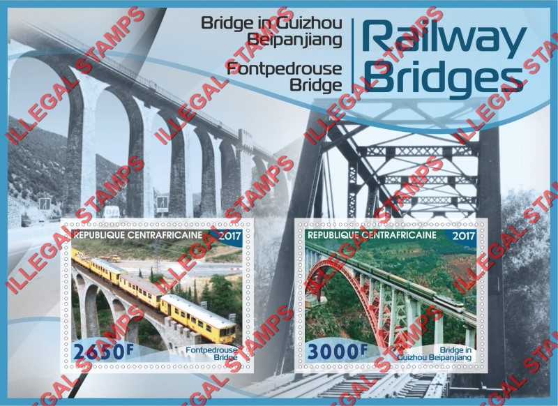 Central African Republic 2017 Railway Bridges Illegal Stamp Souvenir Sheet of 2 Central African Republic 2017 Railway Bridges Illegal Stamp Souvenir Sheet of 2