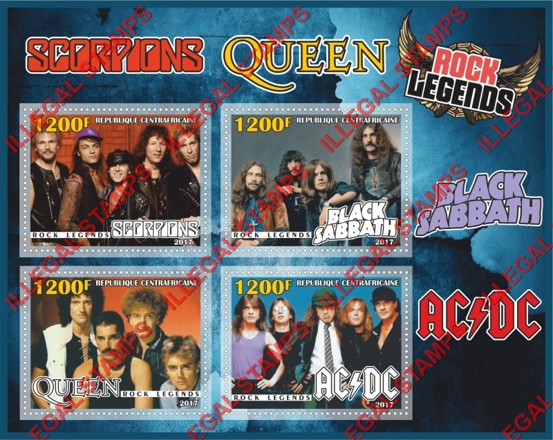 Central African Republic 2017 Rock Legends Illegal Stamp Souvenir Sheet of 4 Central African Republic 2017 Rock Legends Illegal Stamp Souvenir Sheet of 4