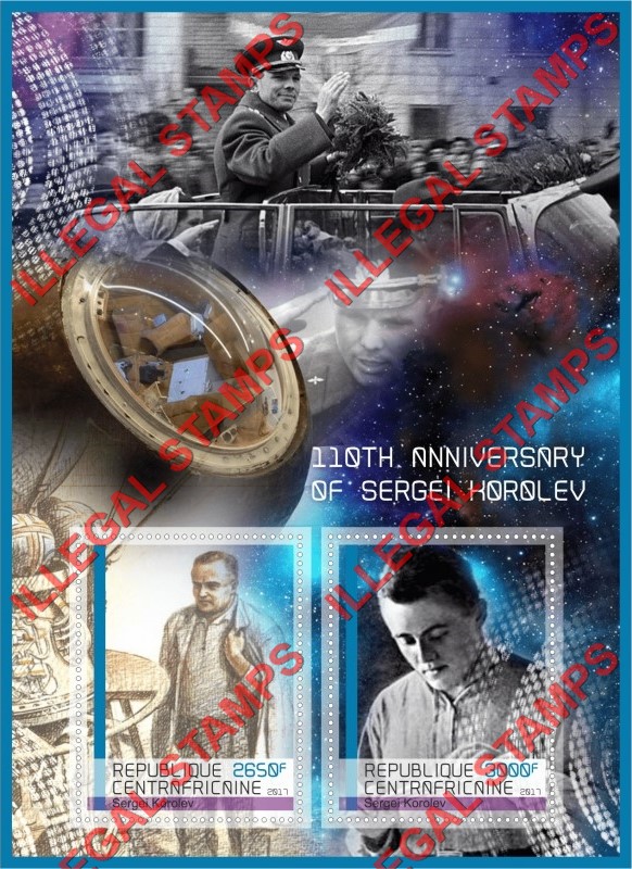 Central African Republic 2017 Space Sergei Korolev Illegal Stamp Souvenir Sheet of 2 Central African Republic 2017 Space Sergei Korolev Illegal Stamp Souvenir Sheet of 2