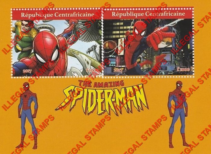 Central African Republic 2017 Spiderman Illegal Stamp Souvenir Sheet of 2 (Sheet 1) Central African Republic 2017 Spiderman Illegal Stamp Souvenir Sheet of 2 (Sheet 1)