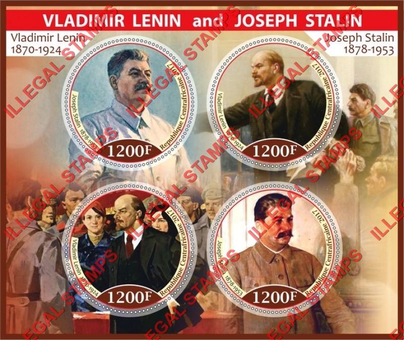 Central African Republic 2017 Stalin and Lenin (different) Illegal Stamp Souvenir Sheet of 4 Central African Republic 2017 Stalin and Lenin (different) Illegal Stamp Souvenir Sheet of 4