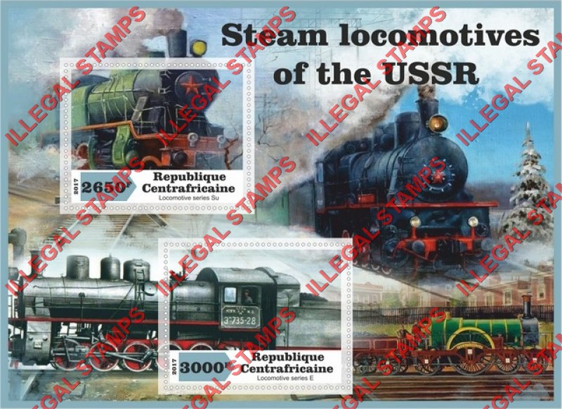 Central African Republic 2017 Steam Locomotives of the USSR Illegal Stamp Souvenir Sheet of 2 Central African Republic 2017 Steam Locomotives of the USSR Illegal Stamp Souvenir Sheet of 2
