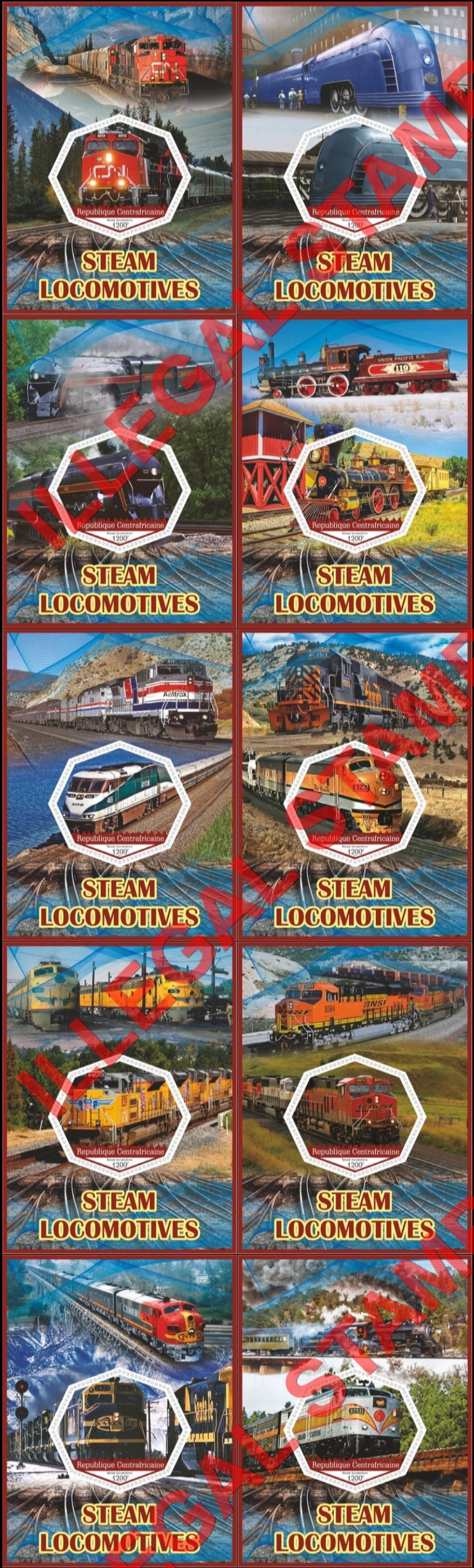 Central African Republic 2017 Steam Locomotives Illegal Stamp Souvenir Sheets of 1 Central African Republic 2017 Steam Locomotives Illegal Stamp Souvenir Sheets of 1