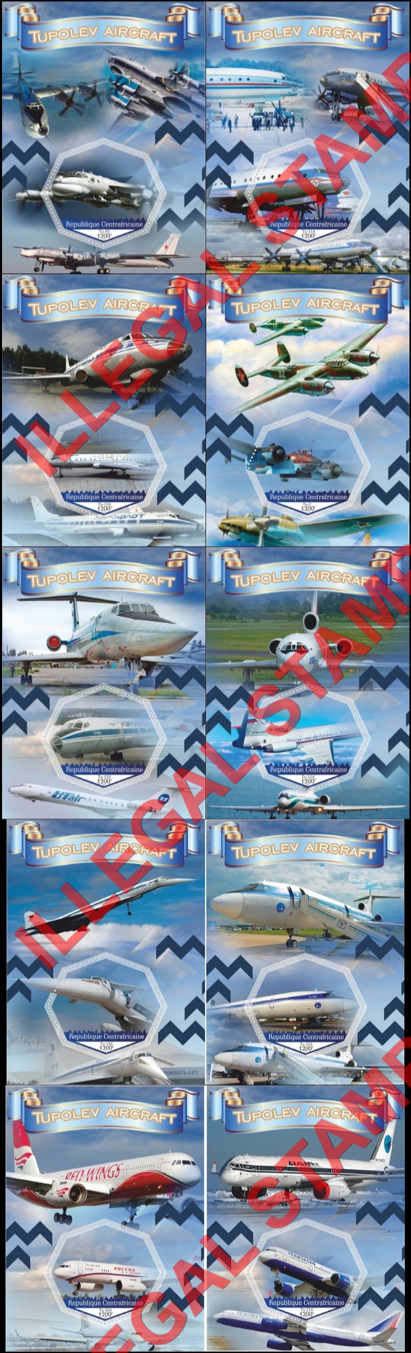 Central African Republic 2017 Tupolev Aircraft (different) Illegal Stamp Souvenir Sheets of 1 Central African Republic 2017 Tupolev Aircraft (different) Illegal Stamp Souvenir Sheets of 1