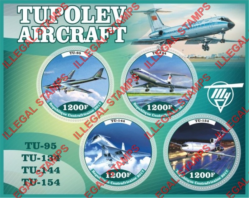Central African Republic 2017 Tupolev Aircraft Illegal Stamp Souvenir Sheet of 4 Central African Republic 2017 Tupolev Aircraft Illegal Stamp Souvenir Sheet of 4