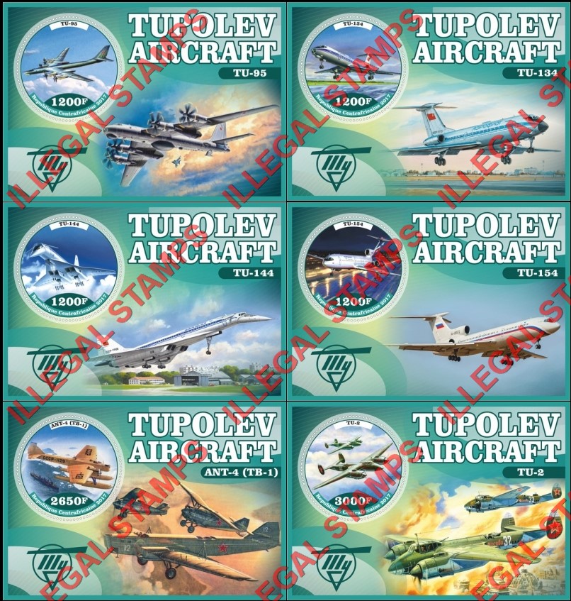 Central African Republic 2017 Tupolev Aircraft Illegal Stamp Souvenir Sheets of 1 Central African Republic 2017 Tupolev Aircraft Illegal Stamp Souvenir Sheets of 1
