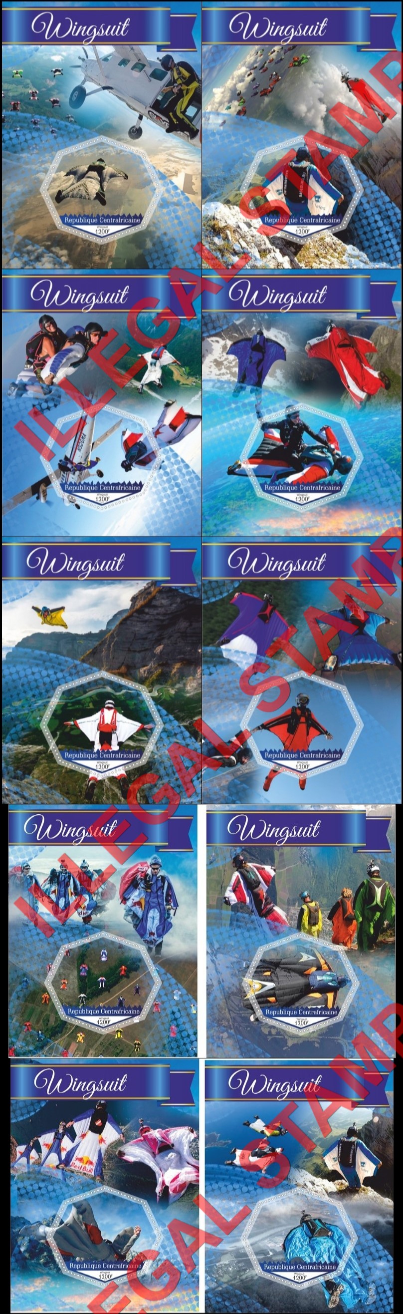 Central African Republic 2017 Wingsuits Skydiving Illegal Stamp Souvenir Sheets of 1 Central African Republic 2017 Wingsuits Skydiving Illegal Stamp Souvenir Sheets of 1