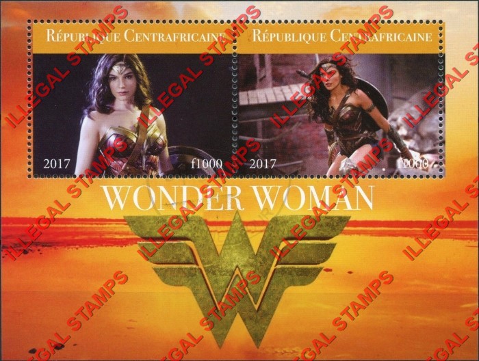 Central African Republic 2017 Wonder Woman Illegal Stamp Souvenir Sheet of 2 Central African Republic 2017 Wonder Woman Illegal Stamp Souvenir Sheet of 2