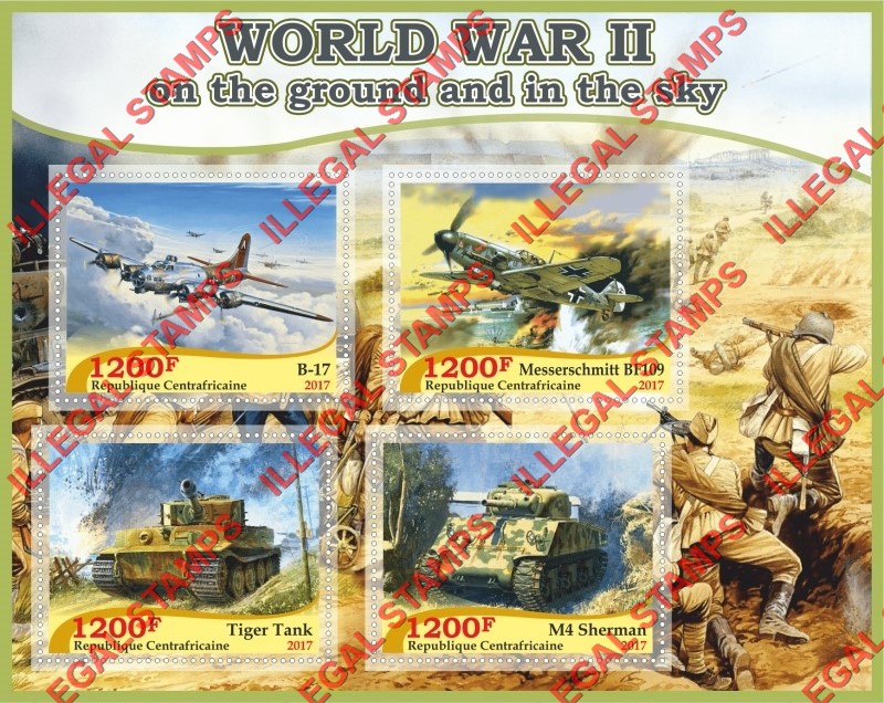 Central African Republic 2017 World War II Tanks and Aircraft Illegal Stamp Souvenir Sheet of 4 Central African Republic 2017 World War II Tanks and Aircraft Illegal Stamp Souvenir Sheet of 4