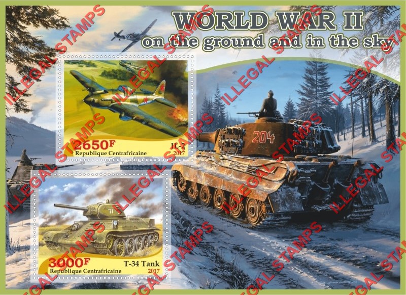 Central African Republic 2017 World War II Tanks and Aircraft Illegal Stamp Souvenir Sheet of 2 Central African Republic 2017 World War II Tanks and Aircraft Illegal Stamp Souvenir Sheet of 2