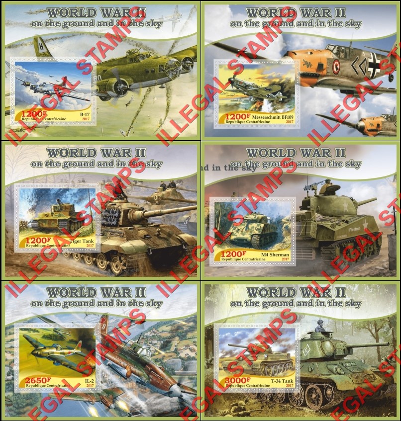 Central African Republic 2017 World War II Tanks and Aircraft Illegal Stamp Souvenir Sheets of 1 Central African Republic 2017 World War II Tanks and Aircraft Illegal Stamp Souvenir Sheets of 1
