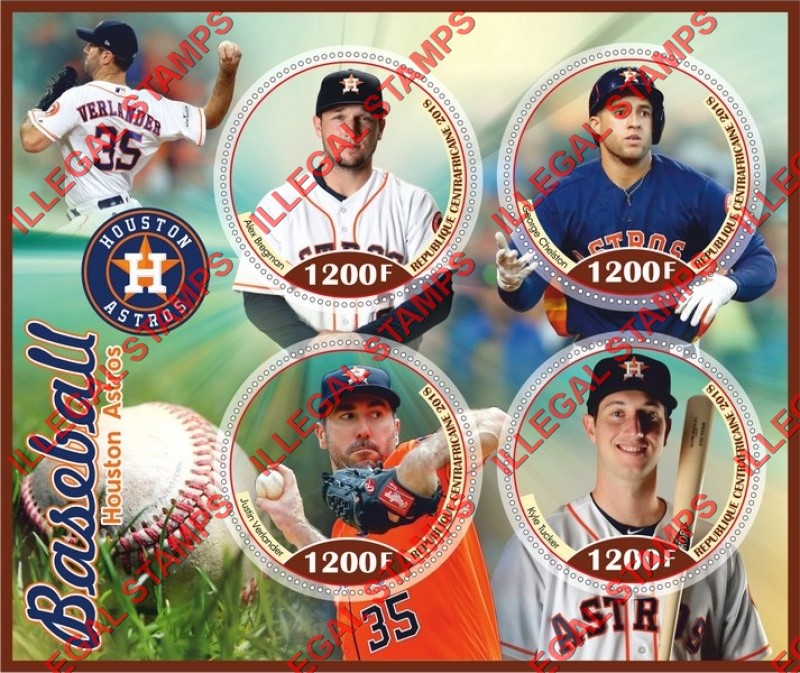Central African Republic 2018 Baseball Players Houston Astros Illegal Stamp Souvenir Sheet of 4 Central African Republic 2018 Baseball Players Houston Astros Illegal Stamp Souvenir Sheet of 4