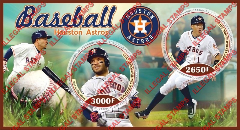 Central African Republic 2018 Baseball Players Houston Astros Illegal Stamp Souvenir Sheet of 2 Central African Republic 2018 Baseball Players Houston Astros Illegal Stamp Souvenir Sheet of 2