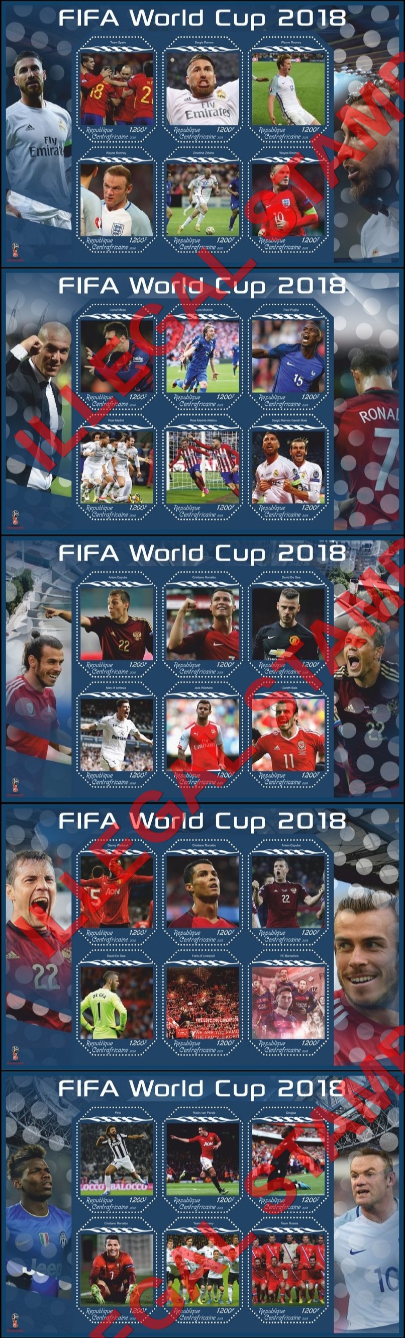 Central African Republic 2018 FIFA World Cup Soccer in Russia (different) Illegal Stamp Souvenir Sheets of 6 Central African Republic 2018 FIFA World Cup Soccer in Russia (different) Illegal Stamp Souvenir Sheets of 6
