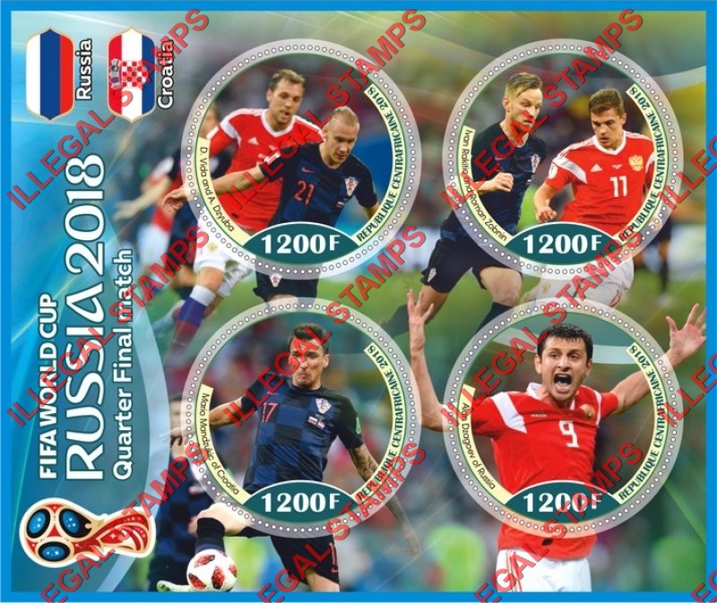 Central African Republic 2018 FIFA World Cup Soccer in Russia Quarter Final Match Illegal Stamp Souvenir Sheet of 4 Central African Republic 2018 FIFA World Cup Soccer in Russia Quarter Final Match Illegal Stamp Souvenir Sheet of 4