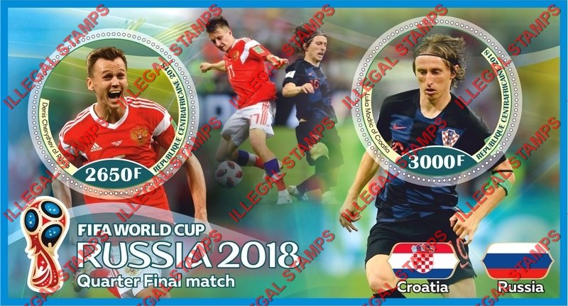 Central African Republic 2018 FIFA World Cup Soccer in Russia Quarter Final Match Illegal Stamp Souvenir Sheet of 2 Central African Republic 2018 FIFA World Cup Soccer in Russia Quarter Final Match Illegal Stamp Souvenir Sheet of 2