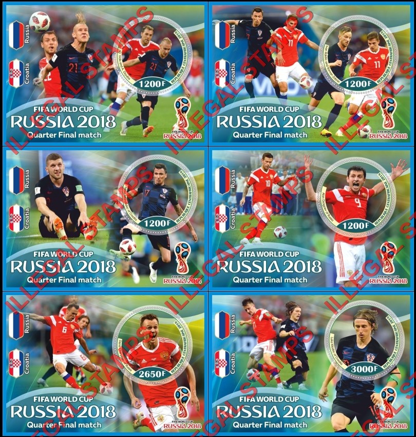 Central African Republic 2018 FIFA World Cup Soccer in Russia Quarter Final Match Illegal Stamp Souvenir Sheets of 1 Central African Republic 2018 FIFA World Cup Soccer in Russia Quarter Final Match Illegal Stamp Souvenir Sheets of 1