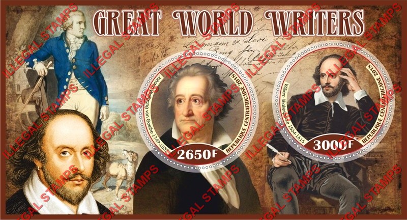 Central African Republic 2018 Great World Writers Illegal Stamp Souvenir Sheet of 2 Central African Republic 2018 Great World Writers Illegal Stamp Souvenir Sheet of 2