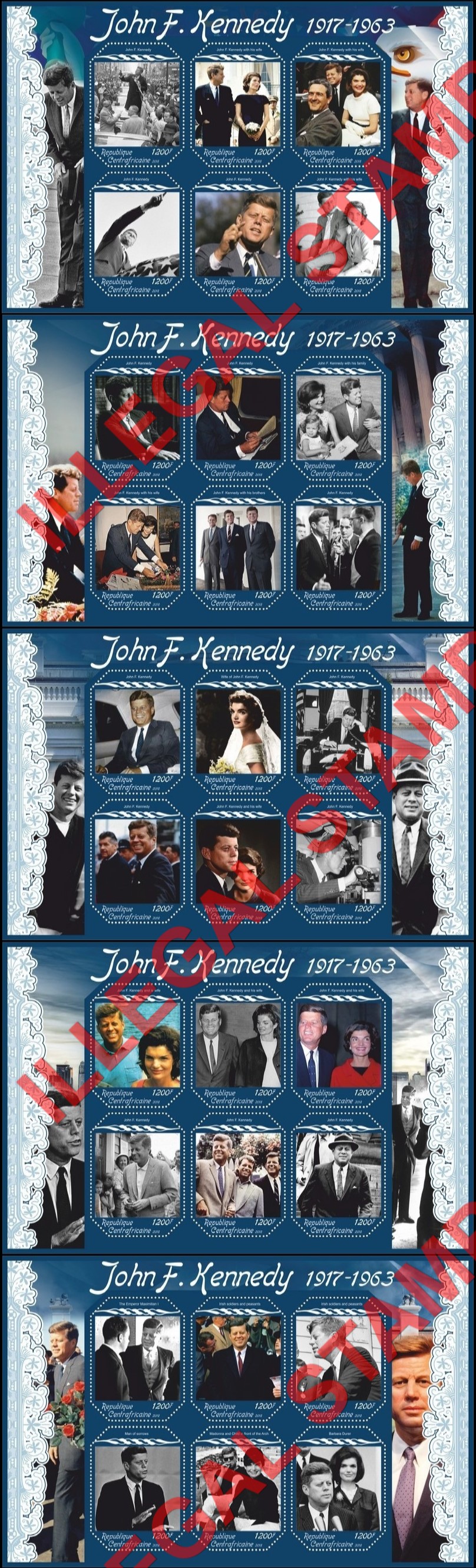 Central African Republic 2018 John F. Kennedy Illegal Stamp Souvenir Sheets of 6 Central African Republic 2018 John F. Kennedy Illegal Stamp Souvenir Sheets of 6