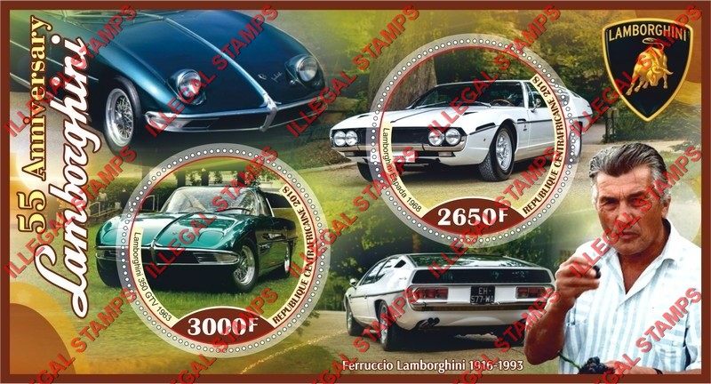 Central African Republic 2018 Lamborghini Illegal Stamp Souvenir Sheet of 2 Central African Republic 2018 Lamborghini Illegal Stamp Souvenir Sheet of 2