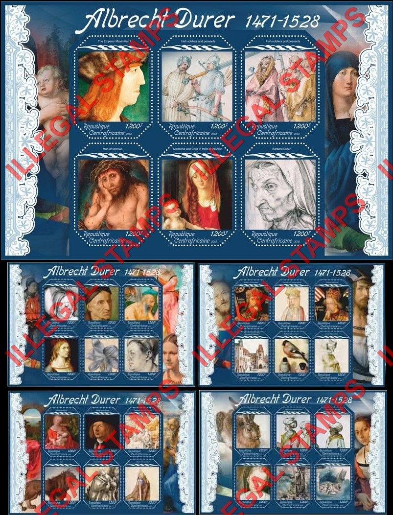 Central African Republic 2018 Paintings by Albrecht Durer Illegal Stamp Souvenir Sheets of 6 Central African Republic 2018 Paintings by Albrecht Durer Illegal Stamp Souvenir Sheets of 6