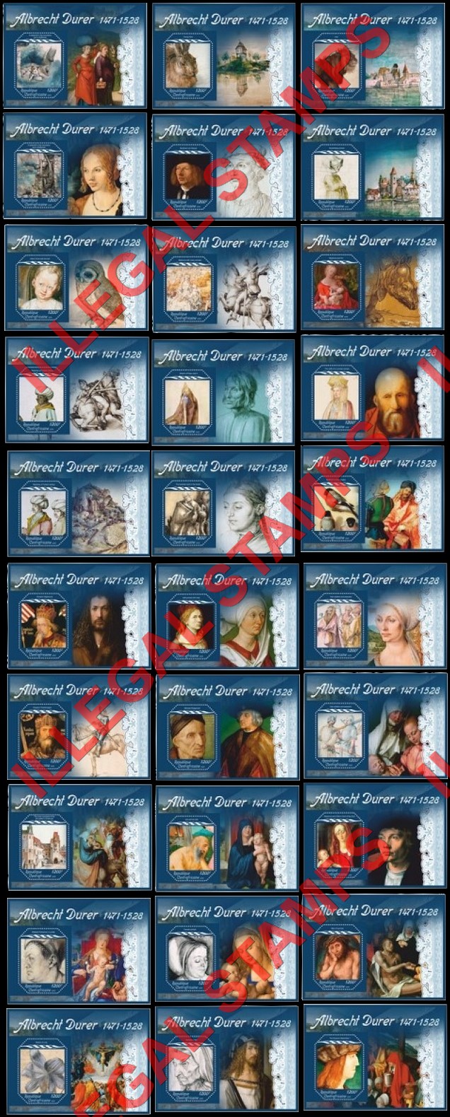 Central African Republic 2018 Paintings by Albrecht Durer Illegal Stamp Souvenir Sheets of 1 Central African Republic 2018 Paintings by Albrecht Durer Illegal Stamp Souvenir Sheets of 1