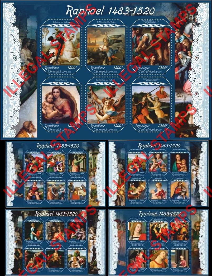 Central African Republic 2018 Paintings by Raphael Illegal Stamp Souvenir Sheets of 6 Central African Republic 2018 Paintings by Raphael Illegal Stamp Souvenir Sheets of 6