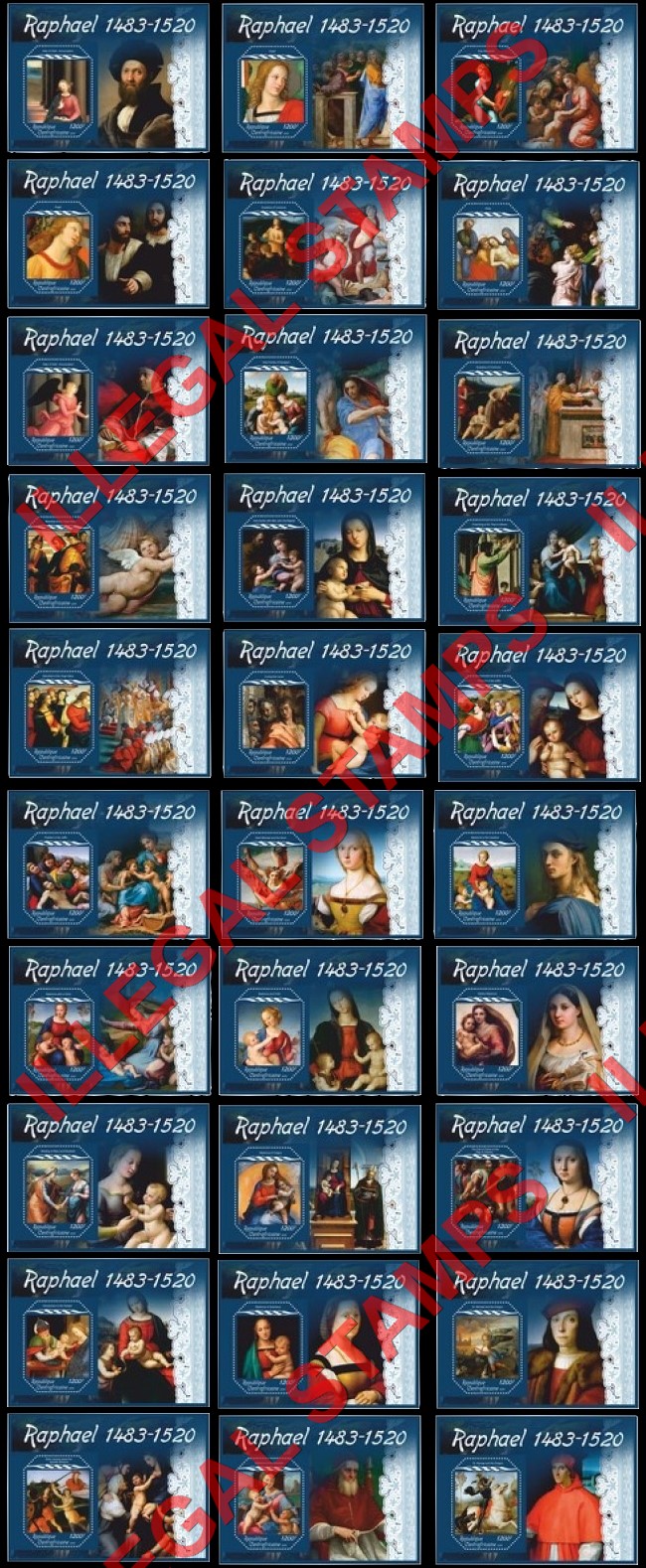 Central African Republic 2018 Paintings by Raphael Illegal Stamp Souvenir Sheets of 1 Central African Republic 2018 Paintings by Raphael Illegal Stamp Souvenir Sheets of 1