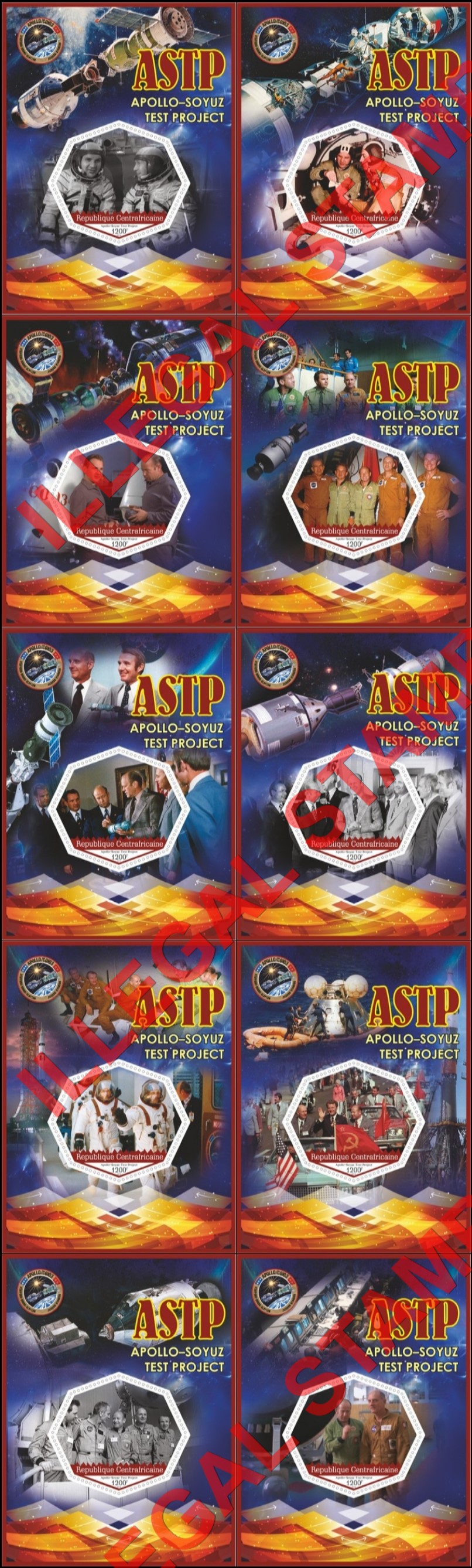 Central African Republic 2018 Space Apollo Soyuz Test Project ASTP Illegal Stamp Souvenir Sheets of 1 Central African Republic 2018 Space Apollo Soyuz Test Project ASTP Illegal Stamp Souvenir Sheets of 1