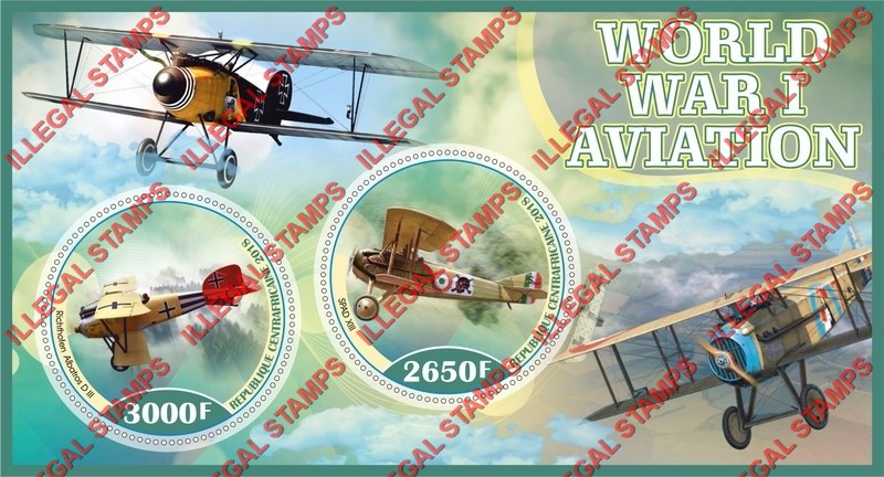 Central African Republic 2018 World War I Aviation Illegal Stamp Souvenir Sheet of 2 Central African Republic 2018 World War I Aviation Illegal Stamp Souvenir Sheet of 2