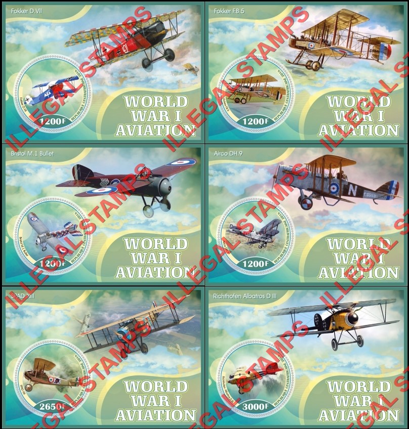 Central African Republic 2018 World War I Aviation Illegal Stamp Souvenir Sheets of 1 Central African Republic 2018 World War I Aviation Illegal Stamp Souvenir Sheets of 1