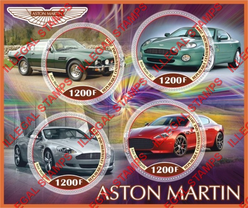 Central African Republic 2019 Aston Martin Illegal Stamp Souvenir Sheet of 4 Central African Republic 2019 Aston Martin Illegal Stamp Souvenir Sheet of 4