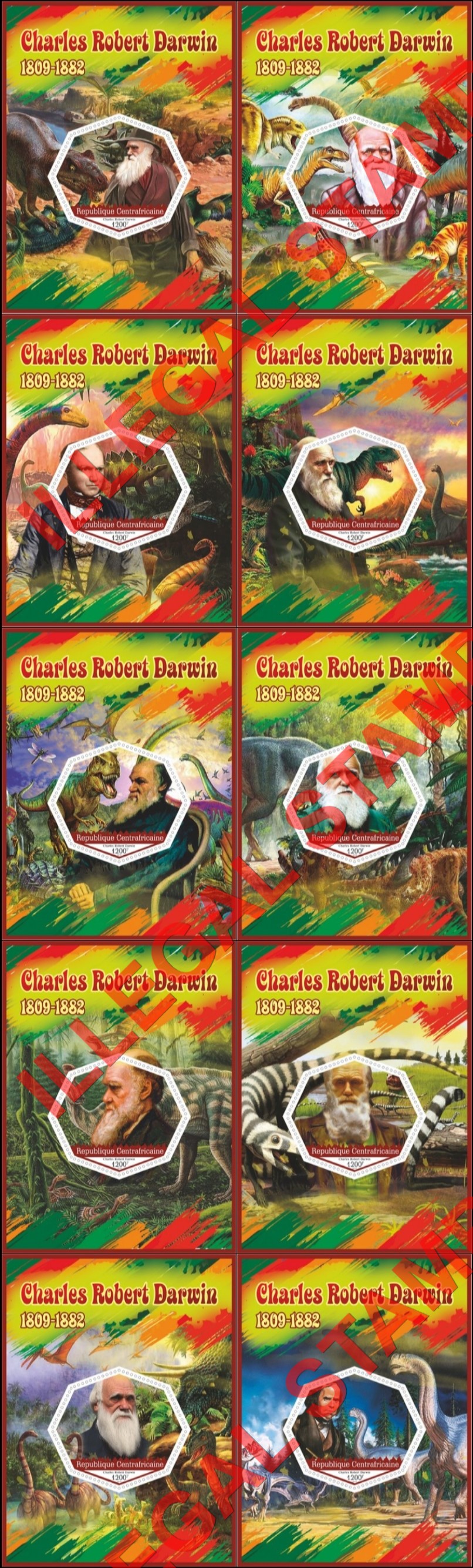 Central African Republic 2019 Charles Darwin and Dinosaurs Illegal Stamp Souvenir Sheets of 1 Central African Republic 2019 Charles Darwin and Dinosaurs Illegal Stamp Souvenir Sheets of 1