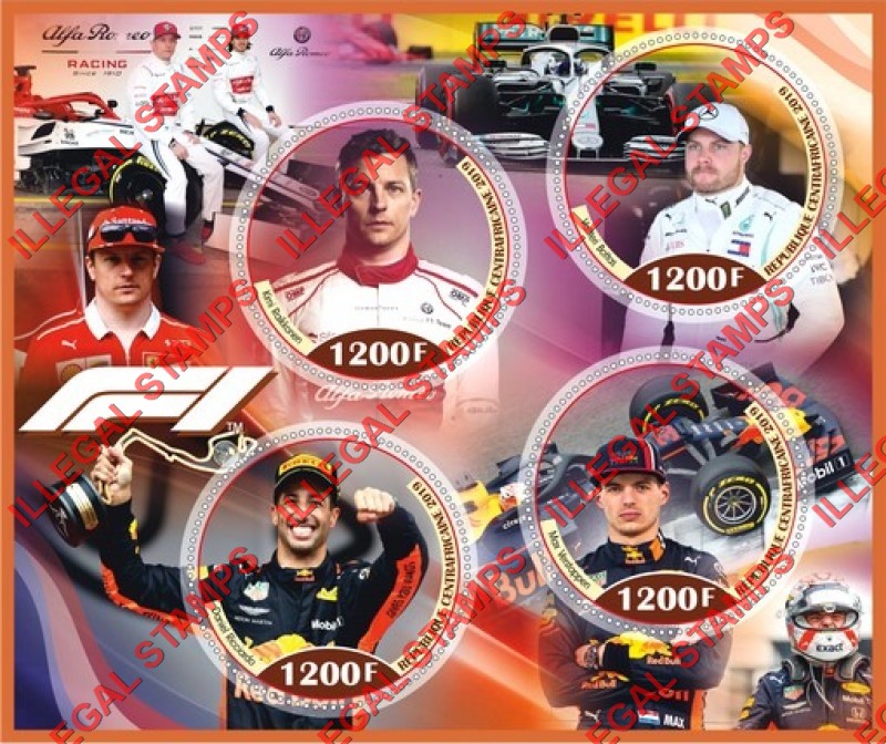 Central African Republic 2019 Formula I Drivers Illegal Stamp Souvenir Sheet of 4 Central African Republic 2019 Formula I Drivers Illegal Stamp Souvenir Sheet of 4