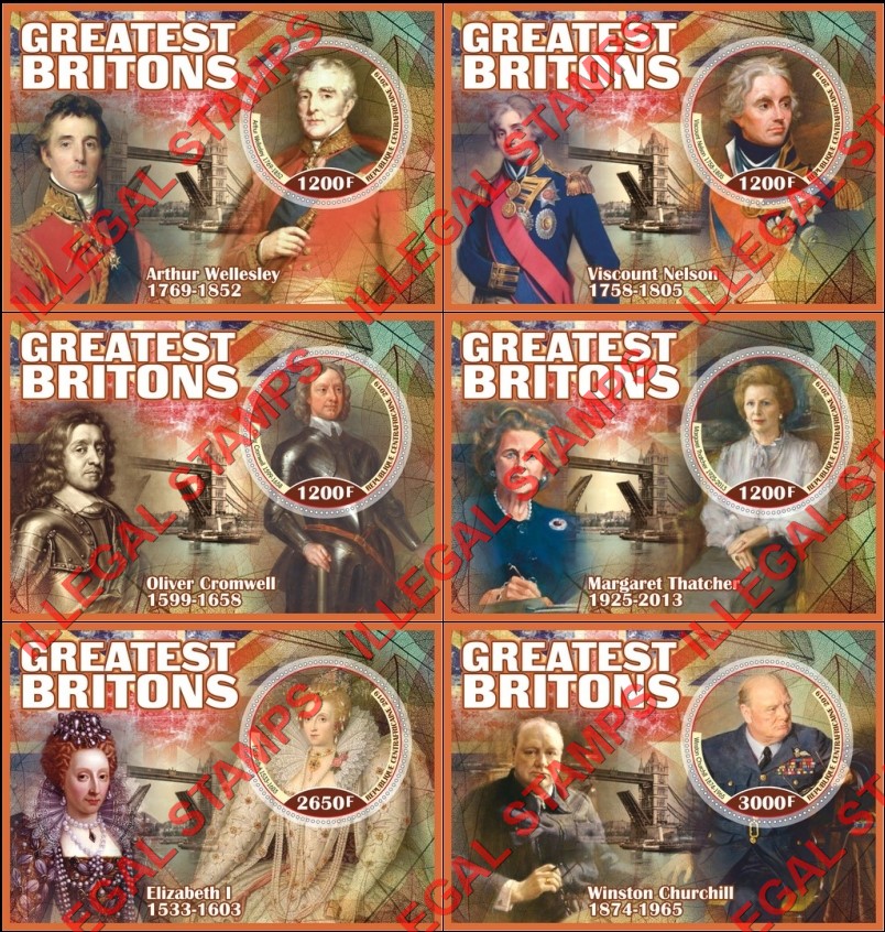 Central African Republic 2019 Greatest Britons Illegal Stamp Souvenir Sheets of 1 Central African Republic 2019 Greatest Britons Illegal Stamp Souvenir Sheets of 1