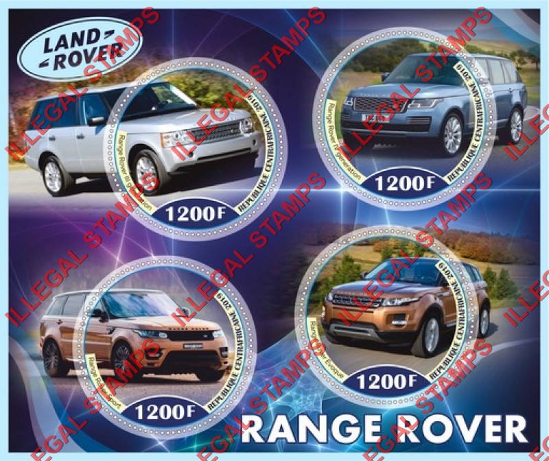 Central African Republic 2019 Land Rover Range Rover Illegal Stamp Souvenir Sheet of 4 Central African Republic 2019 Land Rover Range Rover Illegal Stamp Souvenir Sheet of 4