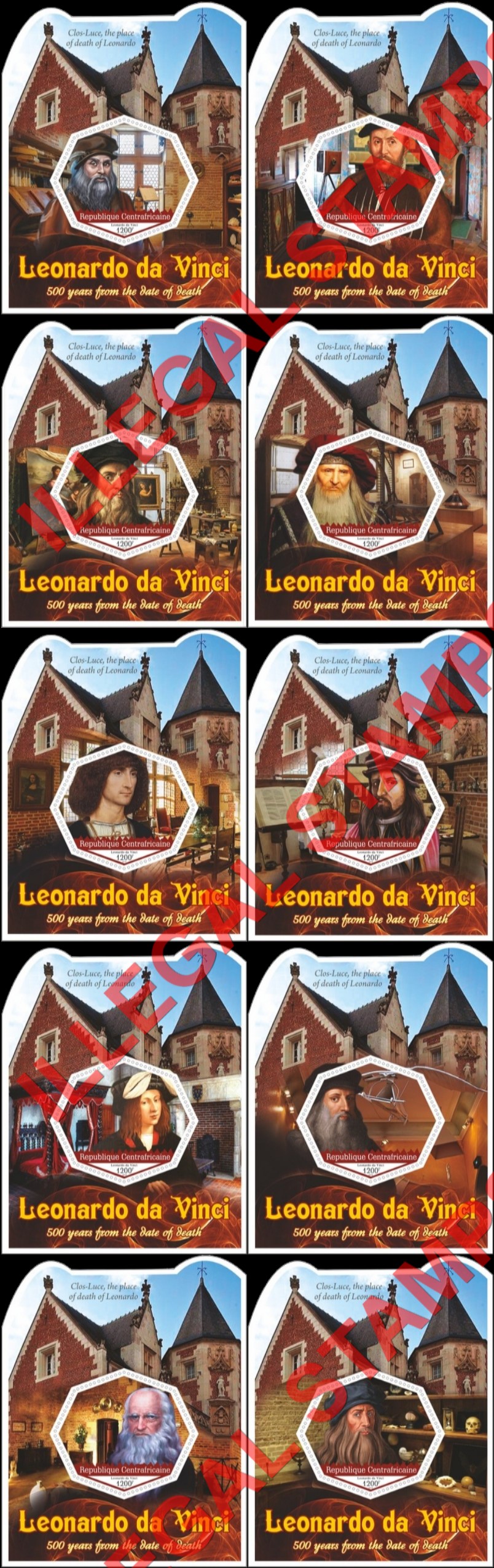 Central African Republic 2019 Leonardo da Vinci Illegal Stamp Souvenir Sheets of 1 Central African Republic 2019 Leonardo da Vinci Illegal Stamp Souvenir Sheets of 1