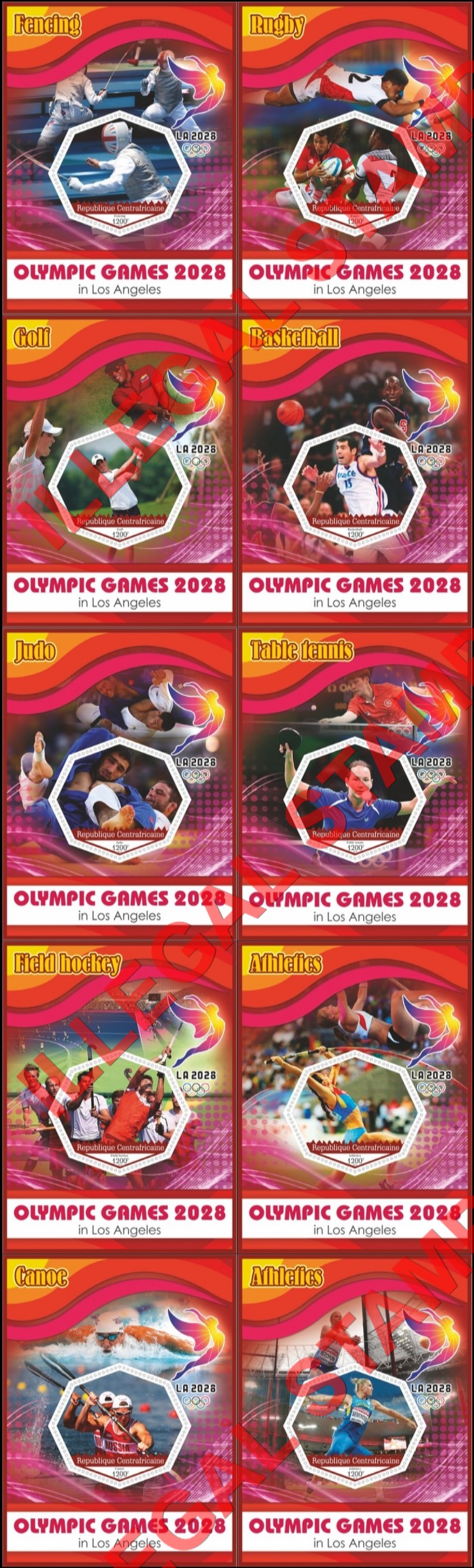 Central African Republic 2019 Olympic Games in Los Angeles in 2028 Illegal Stamp Souvenir Sheets of 1 Central African Republic 2019 Olympic Games in Los Angeles in 2028 Illegal Stamp Souvenir Sheets of 1