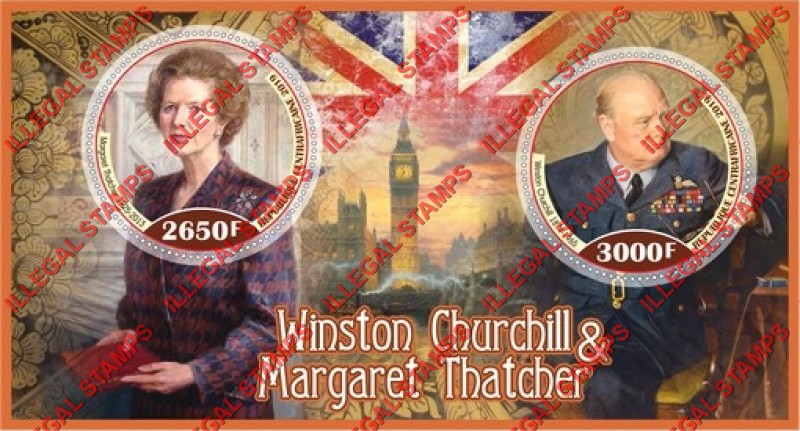 Central African Republic 2019 Winston Churchill and Margaret Thatcher Illegal Stamp Souvenir Sheet of 2 Central African Republic 2019 Winston Churchill and Margaret Thatcher Illegal Stamp Souvenir Sheet of 2