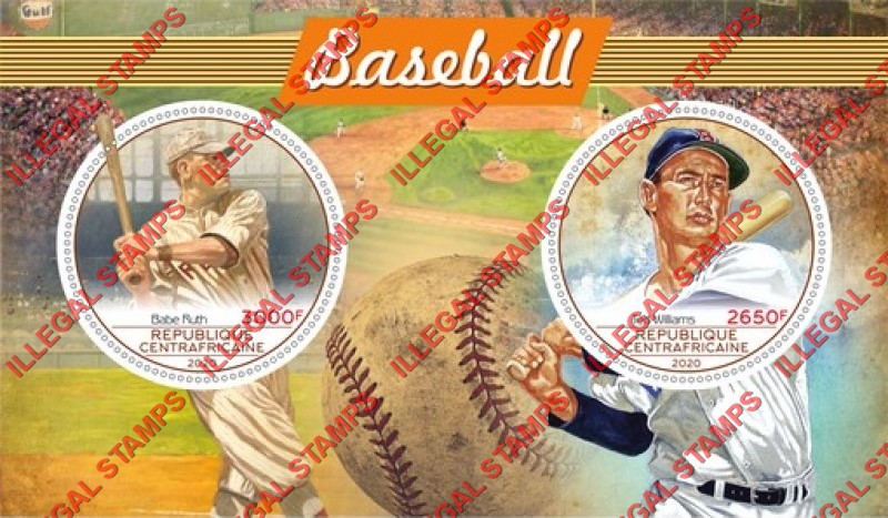 Central African Republic 2020 Baseball Players Illegal Stamp Souvenir Sheet of 2 Central African Republic 2020 Baseball Players Illegal Stamp Souvenir Sheet of 2