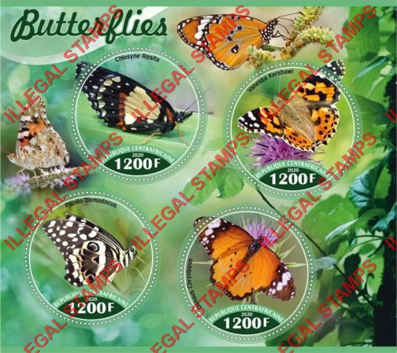 Central African Republic 2020 Butterflies Illegal Stamp Souvenir Sheet of 4 Central African Republic 2020 Butterflies Illegal Stamp Souvenir Sheet of 4