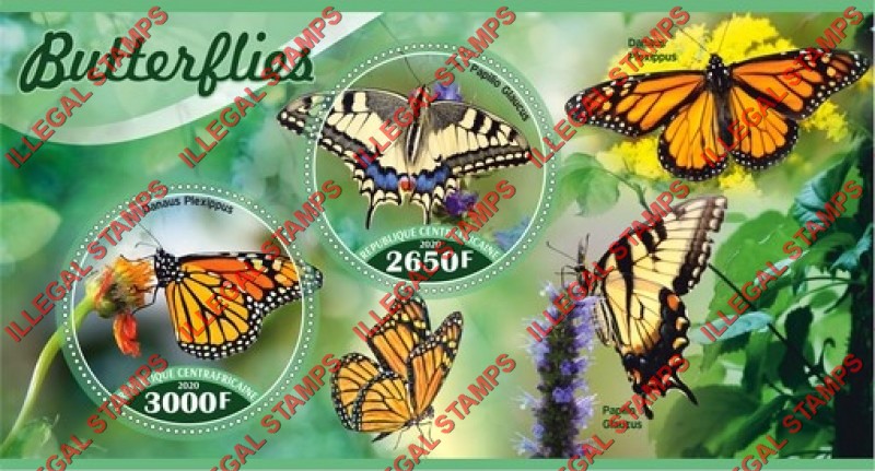 Central African Republic 2020 Butterflies Illegal Stamp Souvenir Sheet of 2 Central African Republic 2020 Butterflies Illegal Stamp Souvenir Sheet of 2
