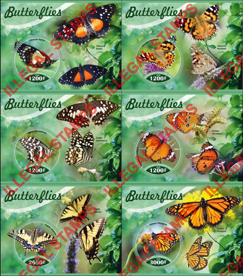 Central African Republic 2020 Butterflies Illegal Stamp Souvenir Sheets of 1 Central African Republic 2020 Butterflies Illegal Stamp Souvenir Sheets of 1