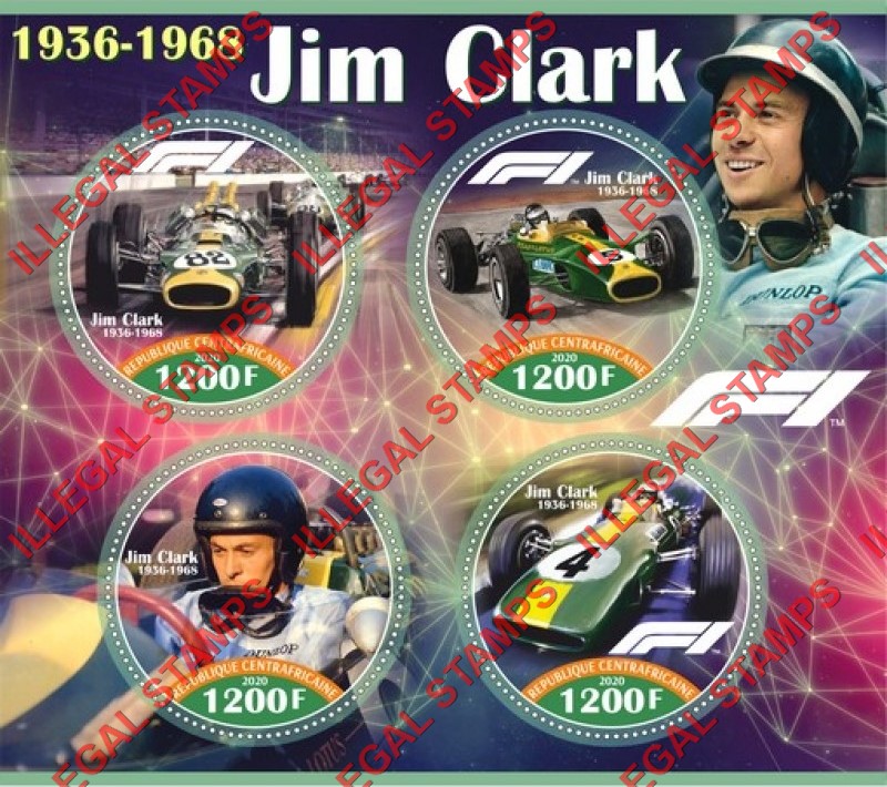 Central African Republic 2020 Formula I Jim Clark Illegal Stamp Souvenir Sheet of 4 Central African Republic 2020 Formula I Jim Clark Illegal Stamp Souvenir Sheet of 4