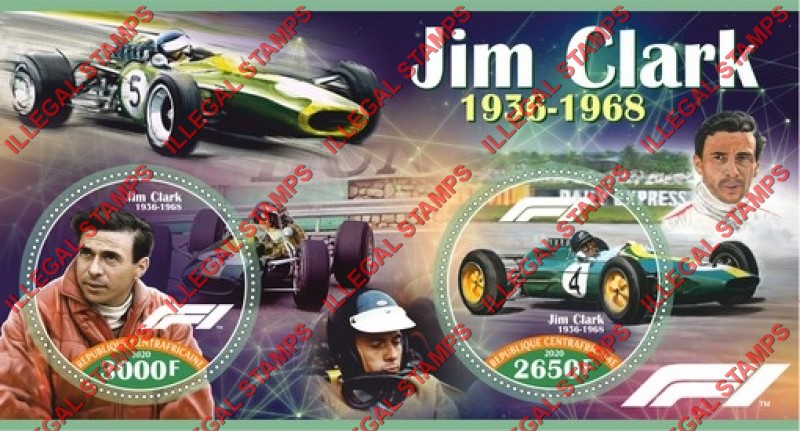 Central African Republic 2020 Formula I Jim Clark Illegal Stamp Souvenir Sheet of 2 Central African Republic 2020 Formula I Jim Clark Illegal Stamp Souvenir Sheet of 2