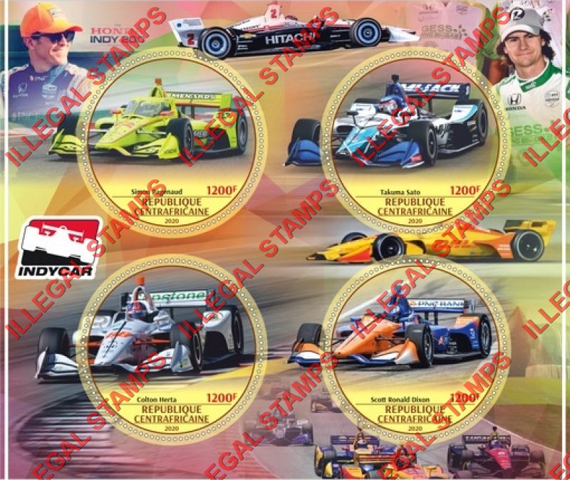 Central African Republic 2020 Indycar Race Cars and Drivers Illegal Stamp Souvenir Sheet of 4 Central African Republic 2020 Indycar Race Cars and Drivers Illegal Stamp Souvenir Sheet of 4