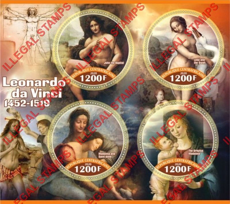 Central African Republic 2020 Leonardo da Vinci Paintings Illegal Stamp Souvenir Sheet of 4 Central African Republic 2020 Leonardo da Vinci Paintings Illegal Stamp Souvenir Sheet of 4